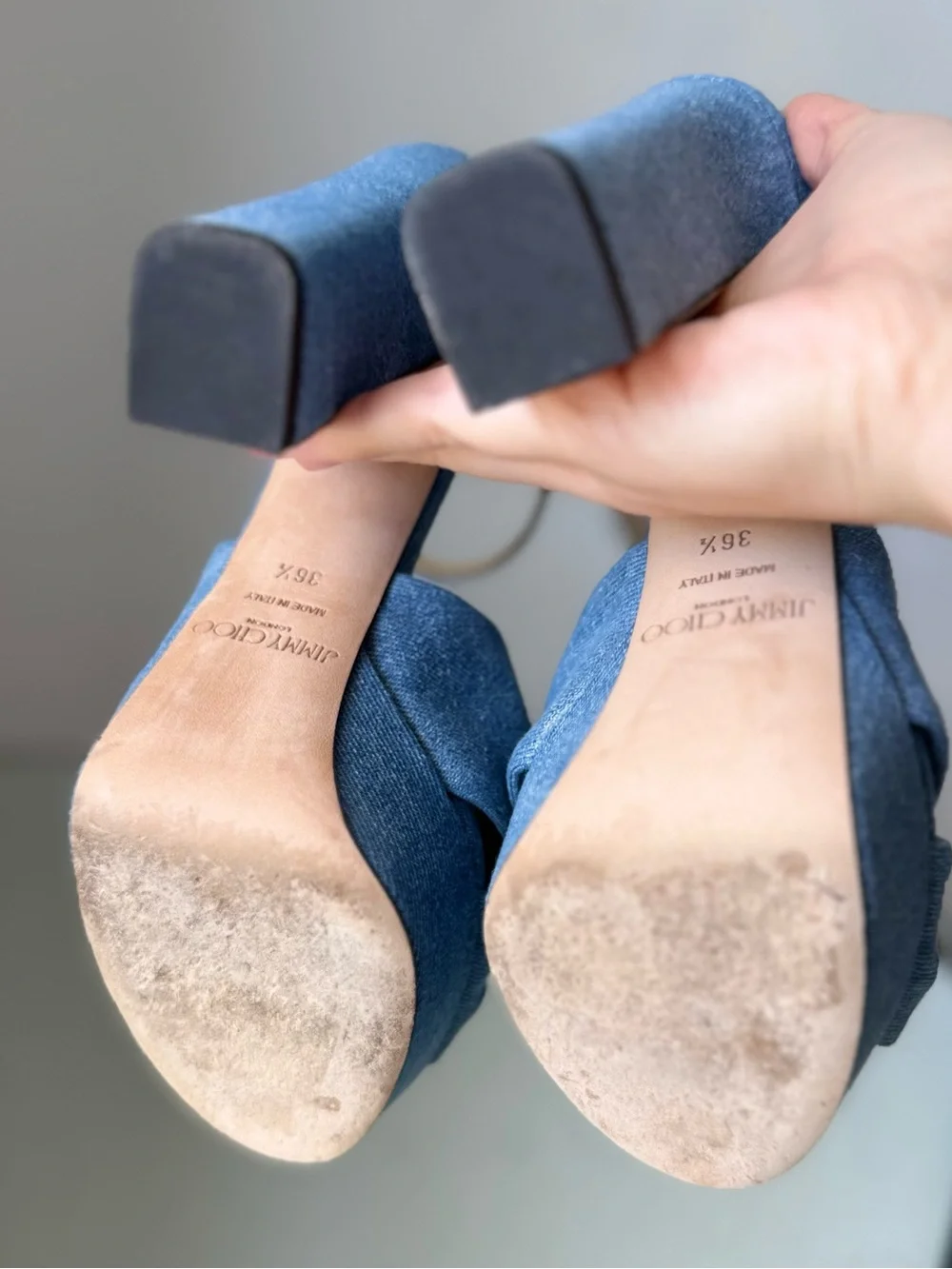 Like new JIMMY CHOO Heloise 120 Knotted Denim Platform Sandals $995 36.5